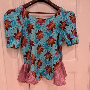 Vintage Peplum Blue Floral Dress Size XL